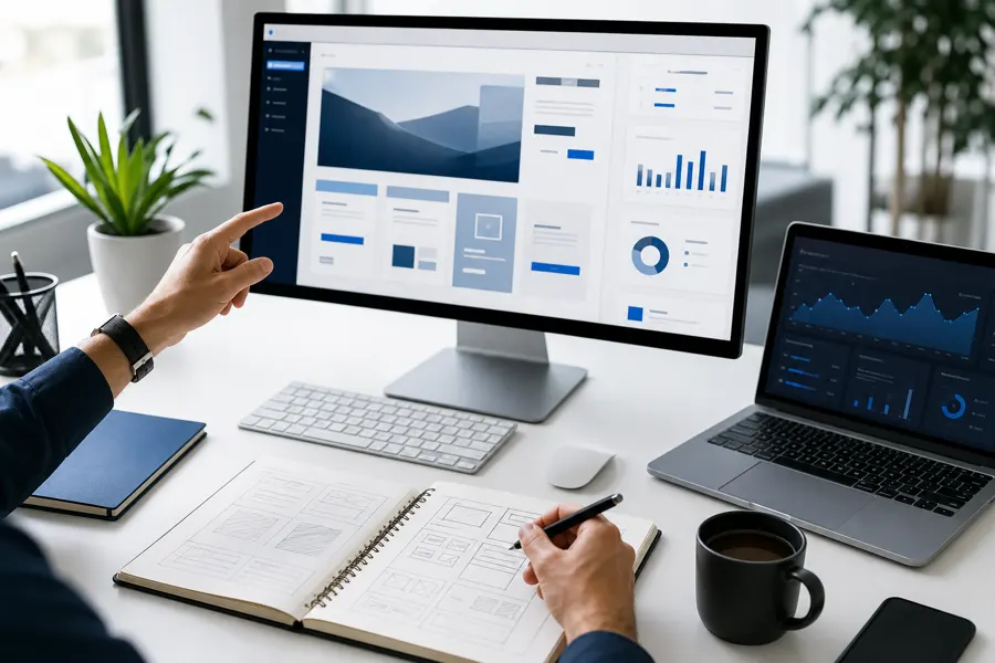 Moderner Webdesign Arbeitsplatz mit Website-Konzept